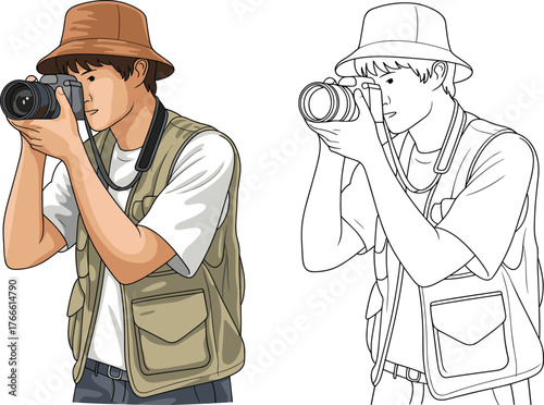 Photographer illustration, person taking photo, camera user drawing, lifestyle artwork, photography profession, coloring page, creative job, hobby, art, vector
