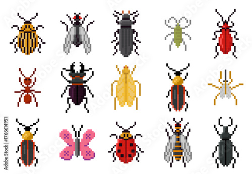 Pixel art insects. Pixelated 8 bit insect and beetle icons including ant, bee, butterfly, fly, ladybug, beetle and wasp in old school retro arcade video game style vector icons set