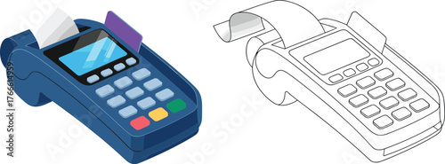 POS terminal illustration, payment device drawing, credit card machine, retail checkout, finance technology, receipt printer, card reader, coloring page, vector, art