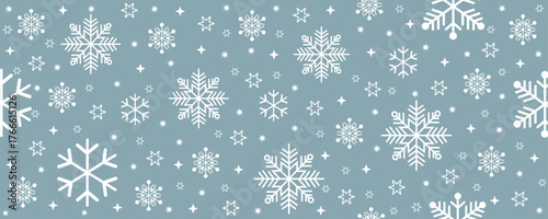 Horizontal banner with scattered white snowflakes and stars on a muted blue-gray background. Modern vector design perfect for winter holiday banners and greeting card backgrounds.
