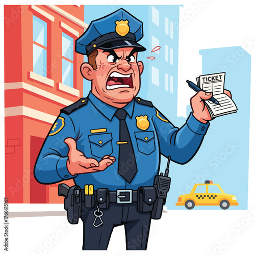 An angry police officer writing a ticket, gesturing with frustration near a taxi.