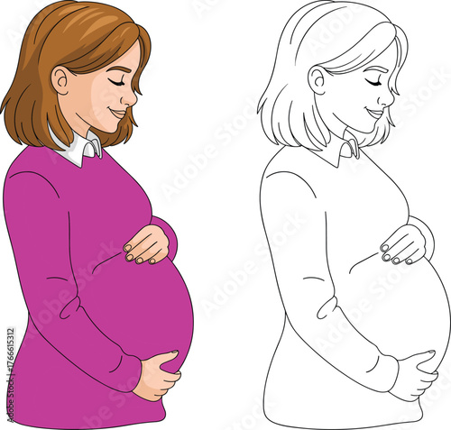 Pregnant woman illustration, maternity artwork, motherhood drawing, maternal care, pregnancy symbol, health education, lifestyle vector, coloring page, family, womanhood