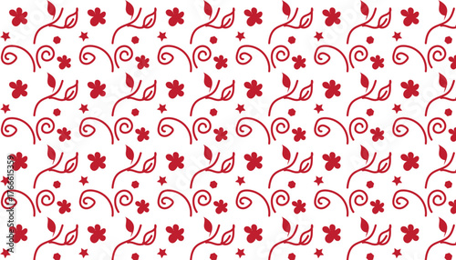 A repeating seamless pattern featuring small red flowers and swirling vines with leaves on a white backdrop.