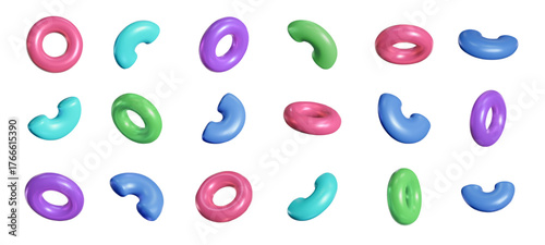 Plastic 3d torus. Colorful donut and curved tube shapes, abstract round loops and half torus. Bent arcs and rings realistic 3D render isolated vector decorative elements set