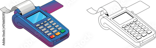 POS terminal illustration, payment device drawing, credit card machine, retail checkout, finance technology, receipt printer, coloring page, vector, art, education