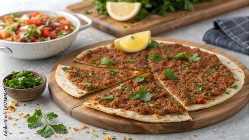 A close-up of freshly baked Turkish Lahmacun served on a wooden board, topped with parsley and lemon slices. Soft natural light highlights the crispy flatbread and savory minced meat topping.