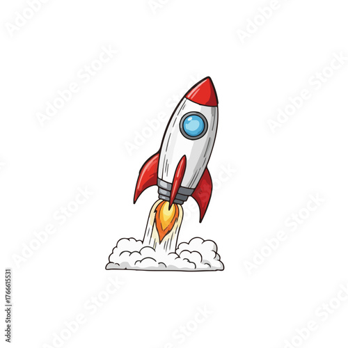 Cartoon rocket ship blasting off with flames and smoke against a white background.