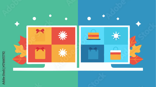 A splitscreen layout where one side displays seasonal promotions while the other highlights new arrivals using contrasting colors for visual impact.