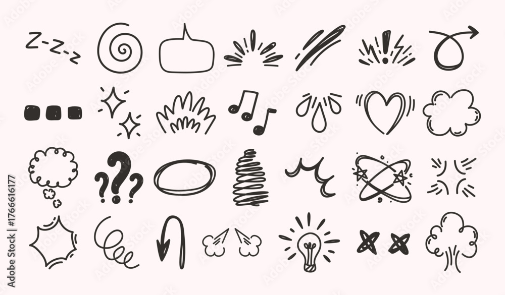 Fototapeta premium Manga expression symbols. Hand drawn comic emotion elements, doodle marks for anime reactions, speech bubbles, sound effects, exclamation and question. Japanese style emotions vector set