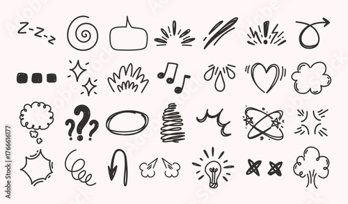 Manga expression symbols. Hand drawn comic emotion elements, doodle marks for anime reactions, speech bubbles, sound effects, exclamation and question. Japanese style emotions vector set
