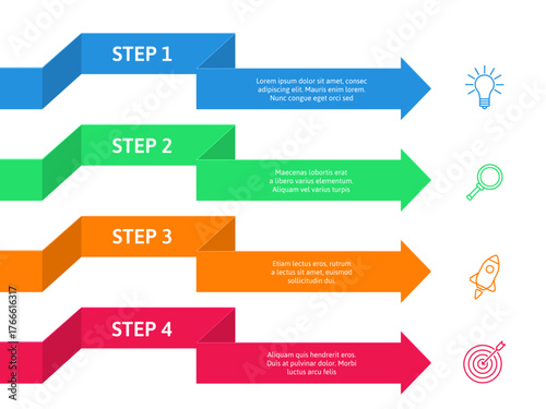 Arrow steps infographic. Business presentation diagram with 4 steps, process chart, strategy progress infographics. Growth roadmap, timeline with four options. Vector template