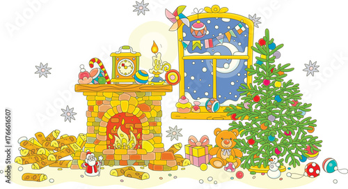 Festively decorated room with an old burning fireplace and a green fir on the snowy night before Christmas, vector cartoon illustration on white