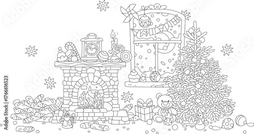 Festively decorated room with an old burning fireplace and a green fir on the snowy night before Christmas, black and white vector cartoon illustration for a coloring book
