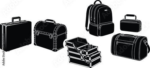 Bag and container silhouettes, briefcase, treasure chest, toolbox, backpack, lunchbox, duffel bag, black icons, travel gear, storage accessory