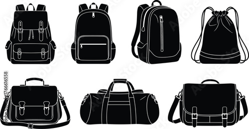 Bag silhouettes, backpack, drawstring pouch, messenger satchel, duffel, buckle detail, flap cover, black icons, travel gear, fashion accessory