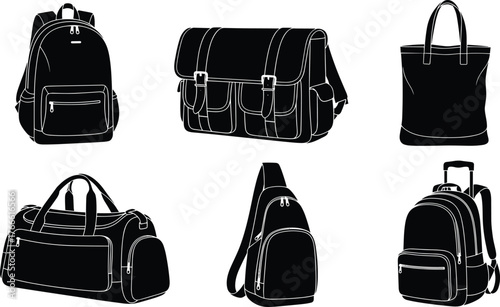 Bag silhouettes, backpack, messenger bag, tote, duffel, sling bag, rolling suitcase, travel gear, black icons, fashion accessory layout