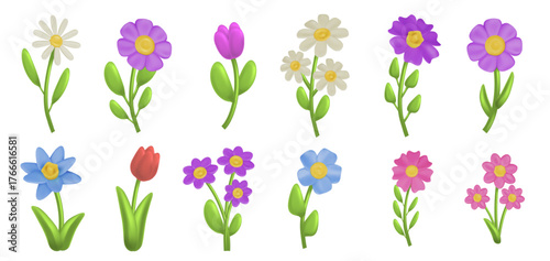Blooming 3D flowers. Cartoon clay bouquet, spring garden flower blossom with green leaves. Colorful plasticine tulip and daisy, cute plastic summer plants. Vector isolated set