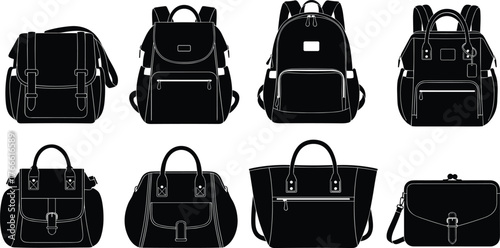 Bag silhouettes, satchel, backpack, handbag, duffel, tote, clutch, flap closure, buckle detail, lock accent, black icons, fashion gear