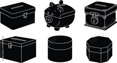 Container silhouettes, piggy bank, treasure chest, ballot box, cylindrical case, octagonal lid, black icons, savings gear, storage design