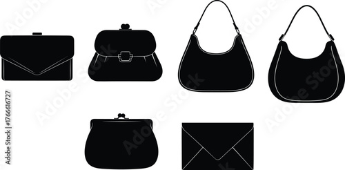 Handbag silhouettes, clutch, hobo bag, coin purse, envelope design, flap closure, clasp detail, black icons, fashion accessory layout