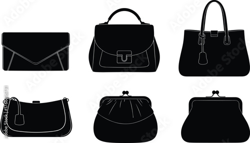 Handbag silhouettes, clutch, satchel, tote, shoulder bag, coin purse, clasp closure, black icons, fashion accessory, elegant purse design
