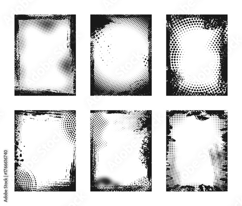 Wallpaper Mural Grunge halftone borders. Mixed media frame overlays with black brush stroke and dotted abstract pattern for photo, poster and banner retro decoration. Vector templates set Torontodigital.ca