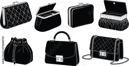 Handbag silhouettes, quilted clutch, drawstring pouch, crossbody bag, framed purse, decorative flap, chain strap, black icons, fashion accessory