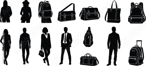 Human and bag silhouettes, casual and professional figures, backpack, tote, duffel, suitcase, messenger bag, black icons, lifestyle layout