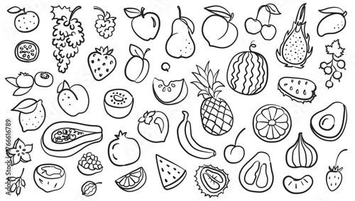 Doodle fruits. Hand drawn pineapple, strawberry and banana, apple and lemon, kiwi and pear, peach and watermelon, grape and cherry, orange. Vintage sketch fruit vector isolated set