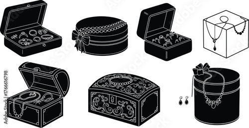 Jewelry box illustrations, ring and necklace holders, ornate chest, ribbon container, transparent display, black icons, gift packaging, accessory layout