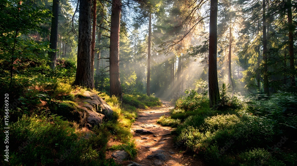 Obraz premium Sunlight streaming through forest trees on a peaceful morning path