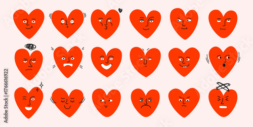 Funny doodle heart faces. Cartoon heart shapes with different facial expressions, quirky heart characters with doodle face emotions and cute romantic symbols. Hand drawn love hearts vector set
