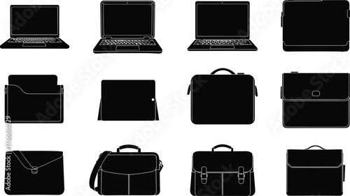 Laptop silhouettes, tablet icons, e-reader cases, messenger bag, satchel, backpack, black tech gear, portable accessory layout, device design