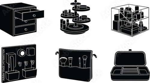 Makeup organizer silhouettes, drawer unit, rotating stand, acrylic cube, wall-mounted rack, brush pouch, zippered case, black icons, beauty gear