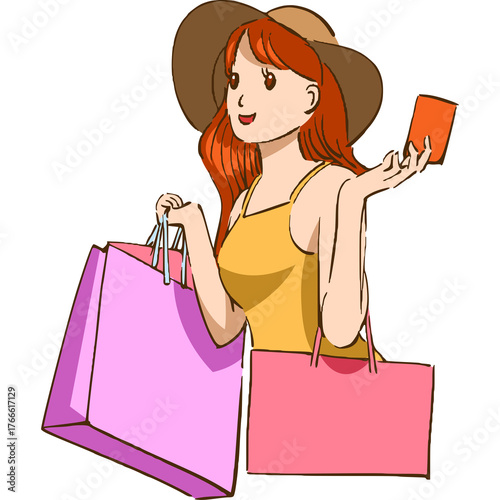 Woman with Ginger Hair Wearing a Yellow Sundress and Brown Hat Holding Shopping Bags and an Orange Card