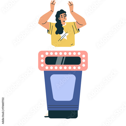 Woman With Hands Raised Above Game Show Podium Expressing Discomfort and Confusion in a Yellow T Shirt With Blue Jeans and Dark Hair on a Transparent Background