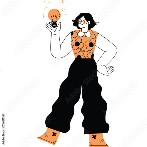 Woman With Lightbulb Overhead Represents Idea Innovation And Creativity With Orange And Black Outfit And Transparent Background