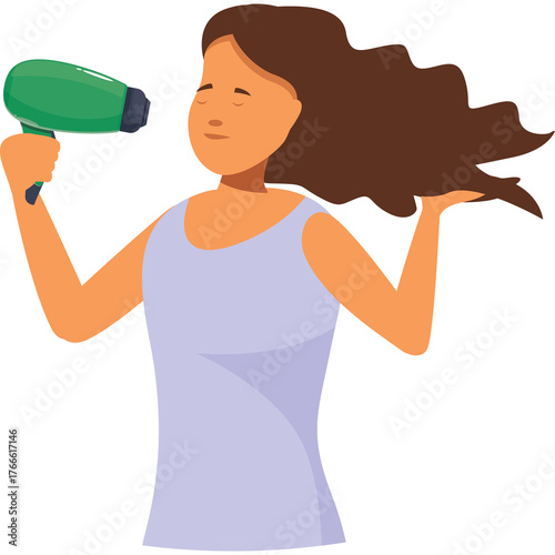 Woman With Long Brown Hair Drying Her Hair With A Green Hair Dryer Wearing A Light Purple Tank Top And Orange Skin On A Transparent Background