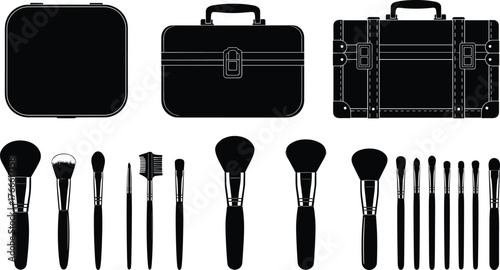 Makeup case silhouettes, cosmetic brushes, powder applicators, blush tools, storage boxes, black icons, beauty gear, accessory layout, grooming kit