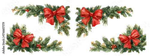 Christmas garland watercolor corner decoration elements with red bows and pine branches, creating a festive holiday border for cards and seasonal designs on a transparent background