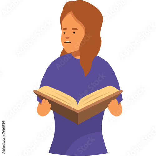 Woman with long brown hair wearing a blue long sleeved shirt holding an open book with yellow pages with a transparent background