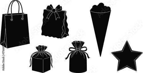 Packaging and celebration silhouettes, shopping bag, gift box, drawstring pouch, treat cone, star icon, black shapes, festive accessory layout