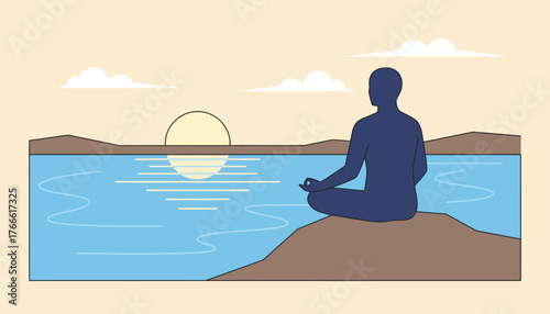 Person sitting in a lotus position on a rock, practicing meditation and mindfulness while watching the sun setting over a calm body of water, promoting relaxation, peace, and spiritual well being