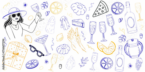 Celebration doodle pattern with woman holding champagne gifts drinks food and party elements