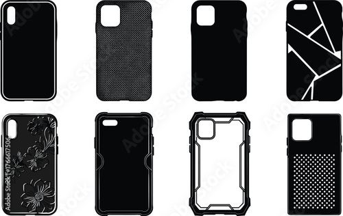 Smartphone case silhouettes, rugged design, floral embossing, geometric pattern, smooth texture, black icons, mobile accessory, tech gear, phone protection