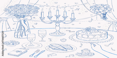 Romantic celebration table setting with cake champagne flowers and candles in a sketch style