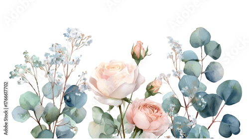 Watercolor floral arrangement featuring blush pink roses. Delicate baby's breath. And eucalyptus leaves. Creating an elegant botanical border or garland element