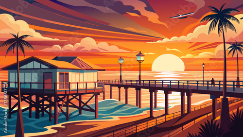 Very beautiful, sunset over the San Clemente Pier, Orange County, California, USA, golden sky, calm ocean waves, silhouetted pier, serene coastal atmosphere, and breathtaking evening scenery along the
