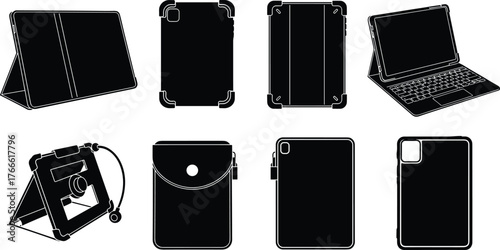 Tablet case silhouettes, rugged cover, keyboard attachment, folio stand, sleeve pouch, stylus holder, black icons, tech gear, mobile accessory