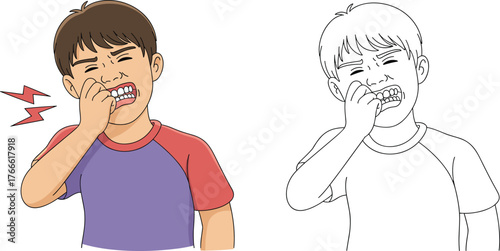 Toothache child illustration, dental pain artwork, kid health drawing, oral hygiene education, children discomfort, vector design, coloring page, family, awareness